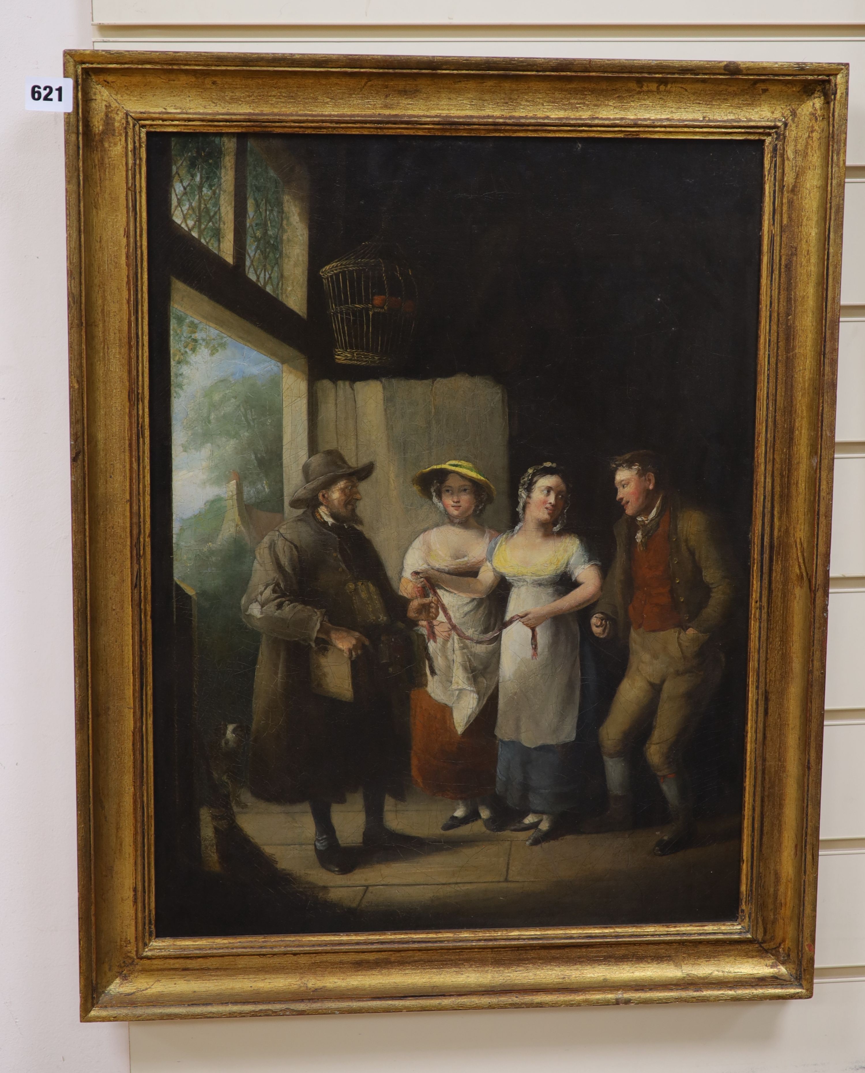 19th century Scottish school, oil on canvas, Tinker at a cottage doorway, 57 x 43 cm.